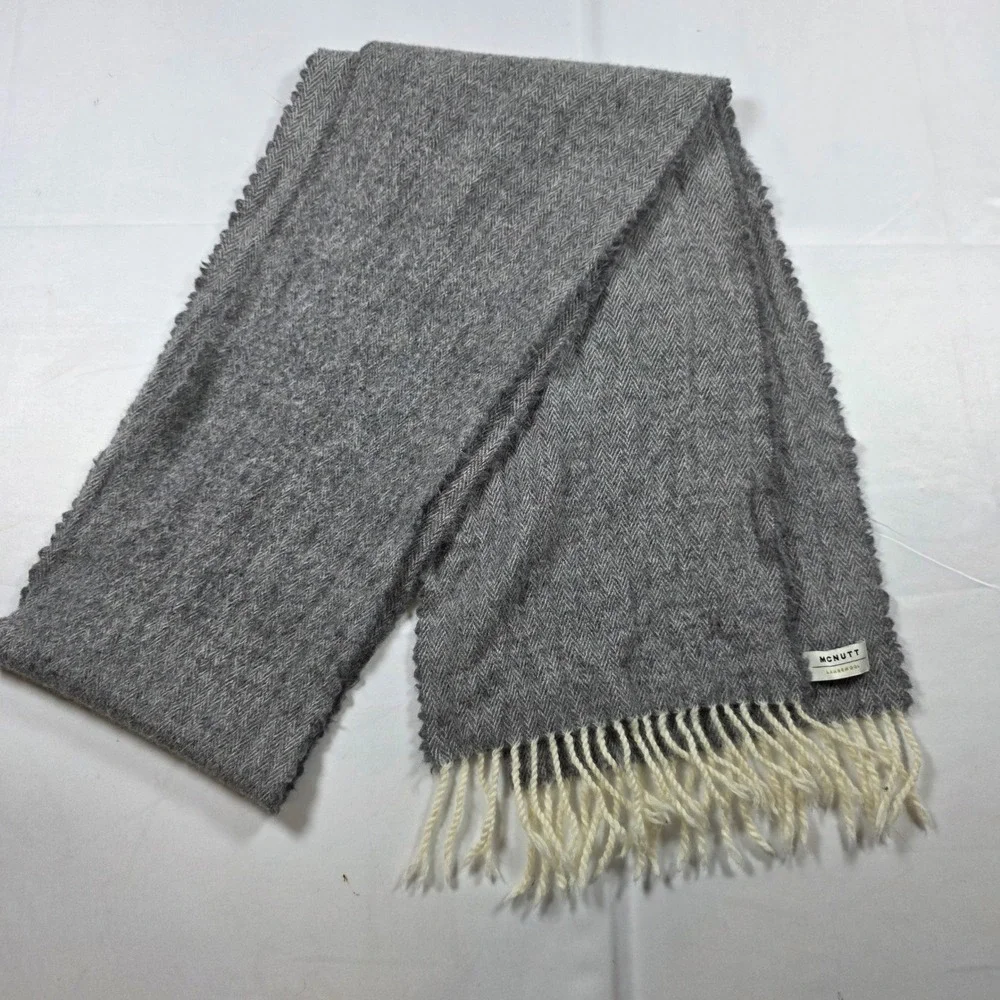 McNutt of Donegal Grey Herringbone Lambswool Scarf Made in Ireland Fringe 72x10